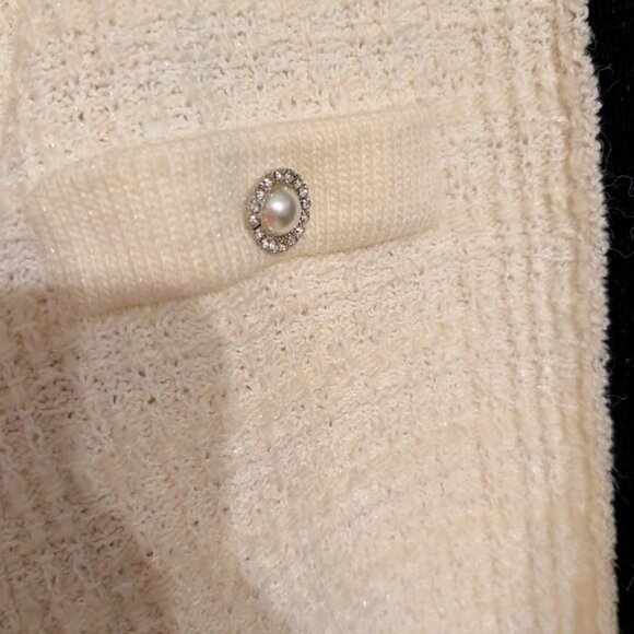 Mango MNG Pocket Tweed Cardigan Sweater Large Off White Black Cotton Blend EUC - Picture 8 of 15